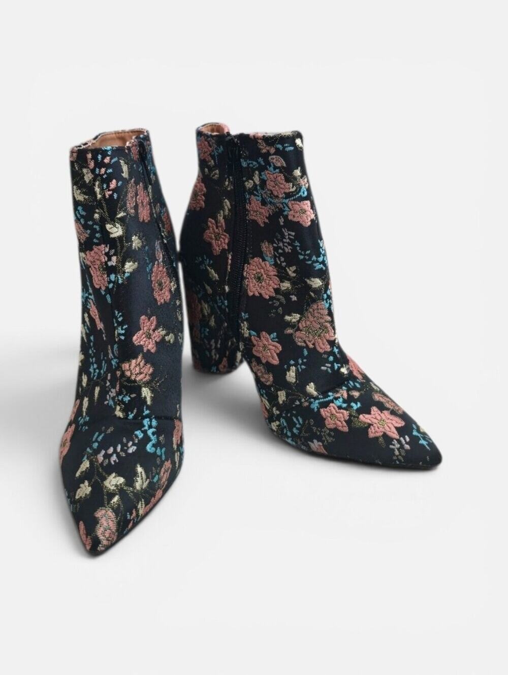 Charlotte Russe Black And Pink Floral‎ Embroidered Dark Romantic Ankle Boots